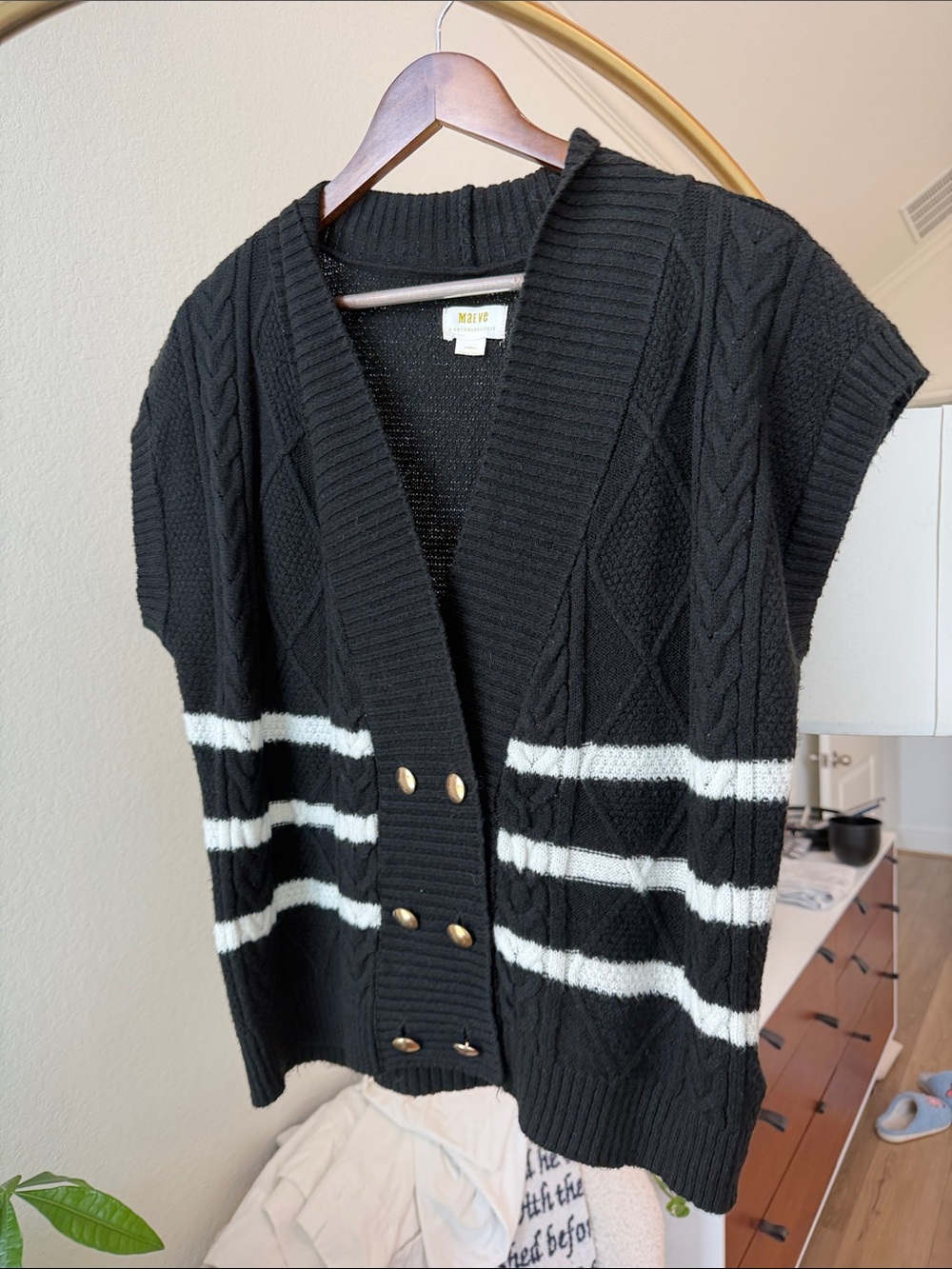 Maeve Black Short-Sleeve Cable-Knit Cardigan with White Stripes